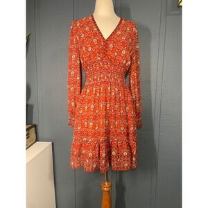 Nielraann Orange Floral Smocked Waist Tiered Ruffle Long Sleeve V Neck Mini Dres